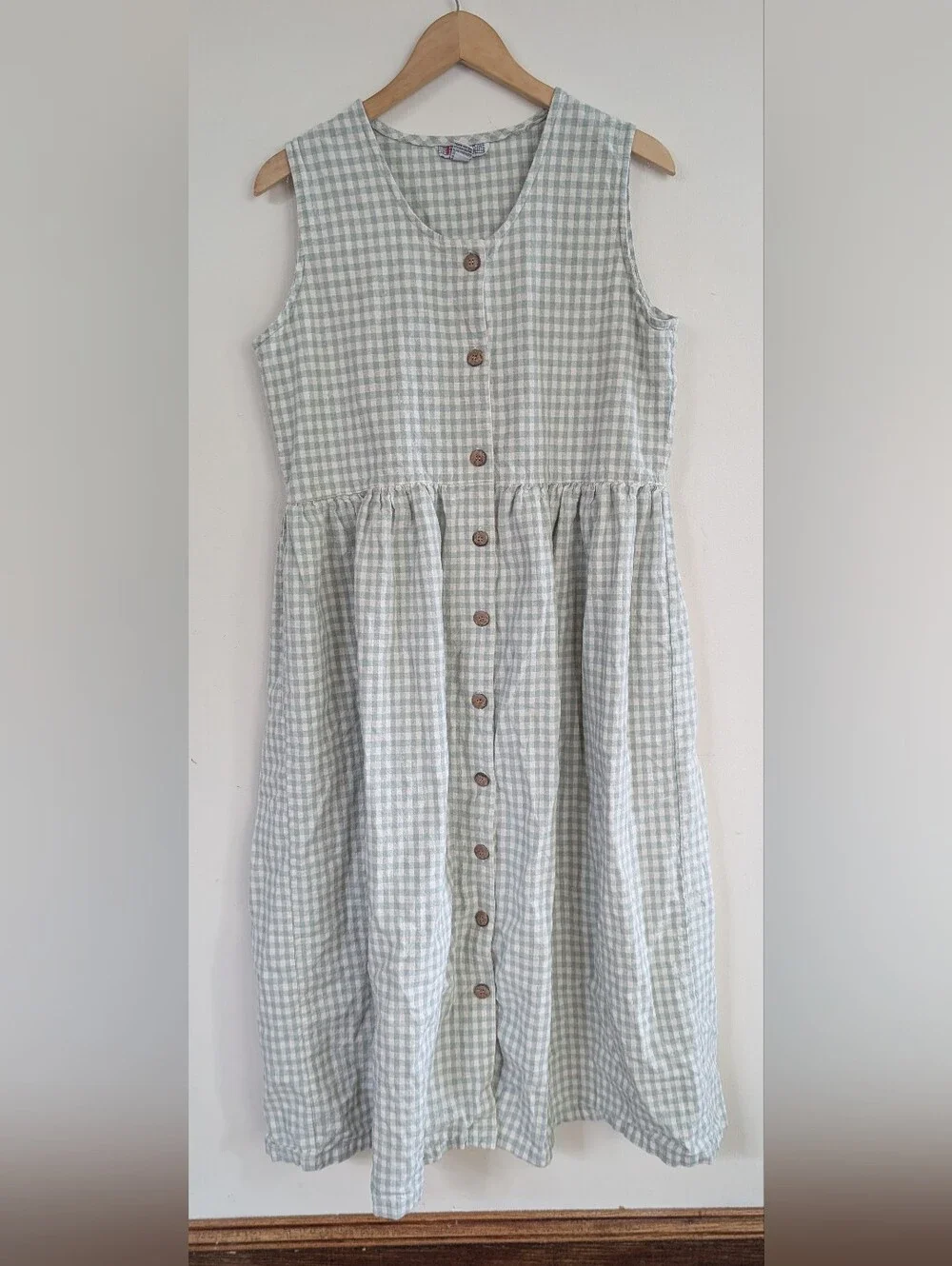 Vintage FADS 90s 1990s Sleeveless Light Green Gingham Button-Front Dress 14